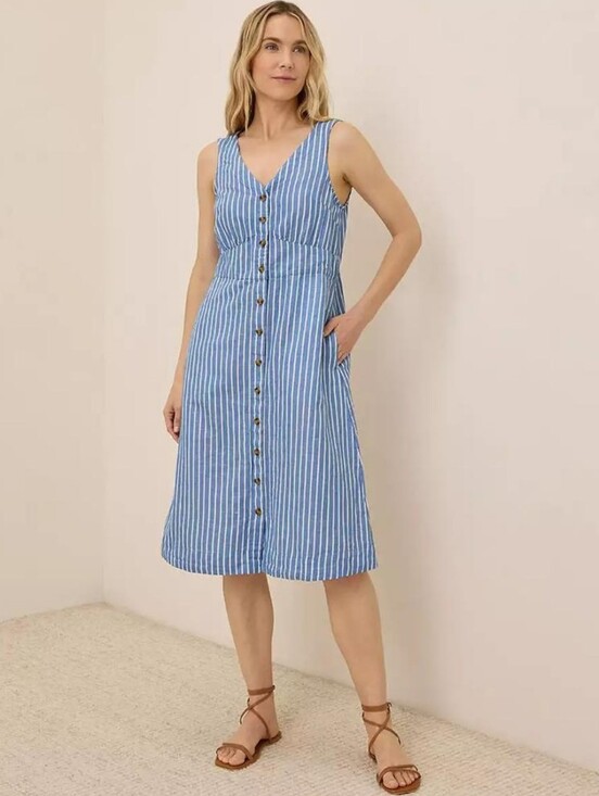 Pact Dresses & Skirts - Pact Organic Canopy Linen Blend Button-Front Midi Dress In Bondi Stripe